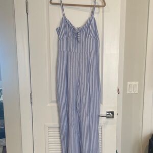 J. Crew Blue and White Striped Spaghetti-Strap Jumpsuit